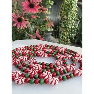 Vintage 8 Ft Wooden Christmas Garland Hand Painted Peppermint Candy Beads
